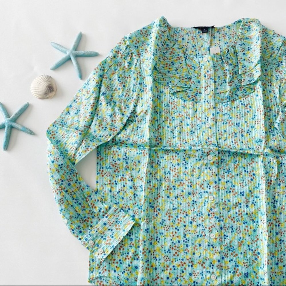 J. Crew | Ruffle Top In Field Day Print Aqua Small Ditsy Floral Mint New Viscose - Picture 5 of 15